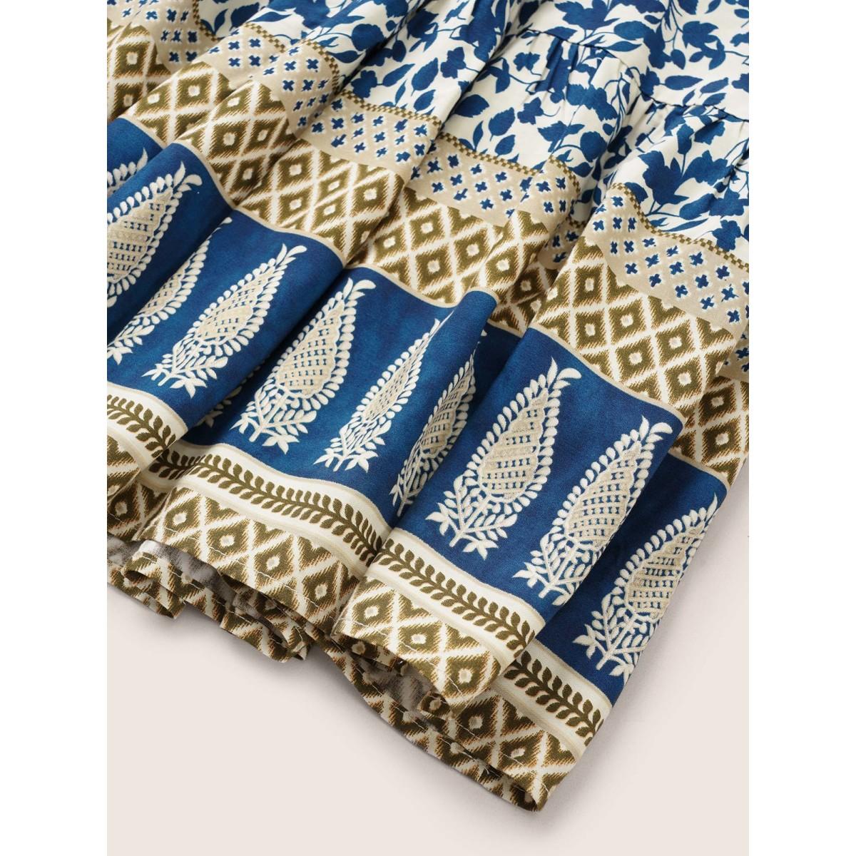 Plus Size Boho Print Patchwork Adjustable Straps Cami Dress DarkBlue Women Resort Non Spaghetti Strap Sleeveless Curvy Midi Dress BloomChic 30/6X Product Image