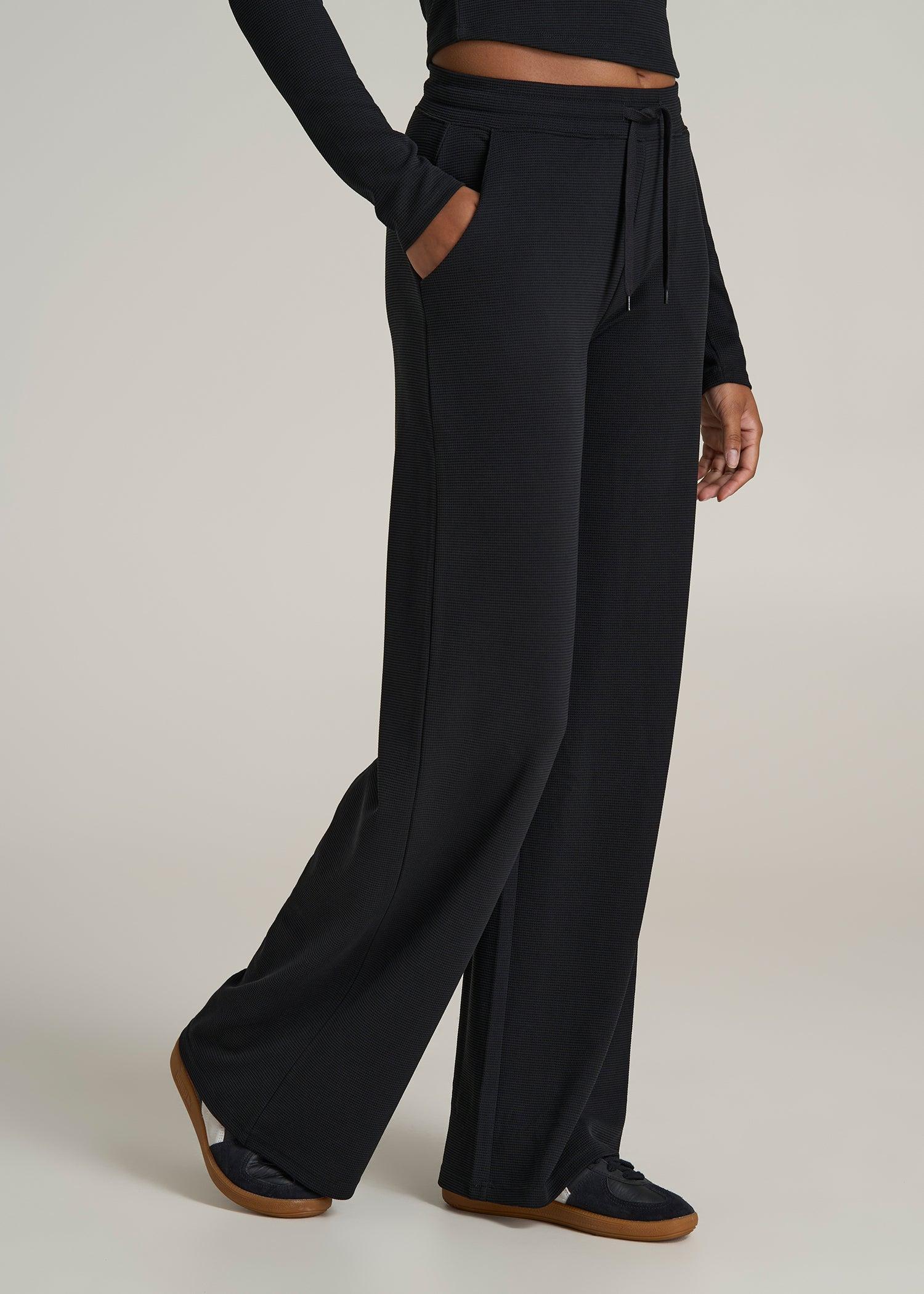 Mid-Rise Waffle Wide-Leg Pants for Tall Women in Black Female Product Image