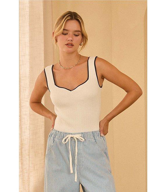 Skies Are Blue Knit V-Neck Sleeveless Contrast Trim Tank Product Image