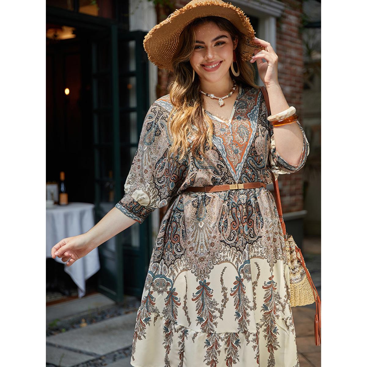 Plus Size Bandana Print Pocket Elastic Waist Patchwork Dress Multicolor Women Vacation Printed V-neck Elbow-length sleeve Curvy Midi Dress BloomChic 18-20/2X Product Image