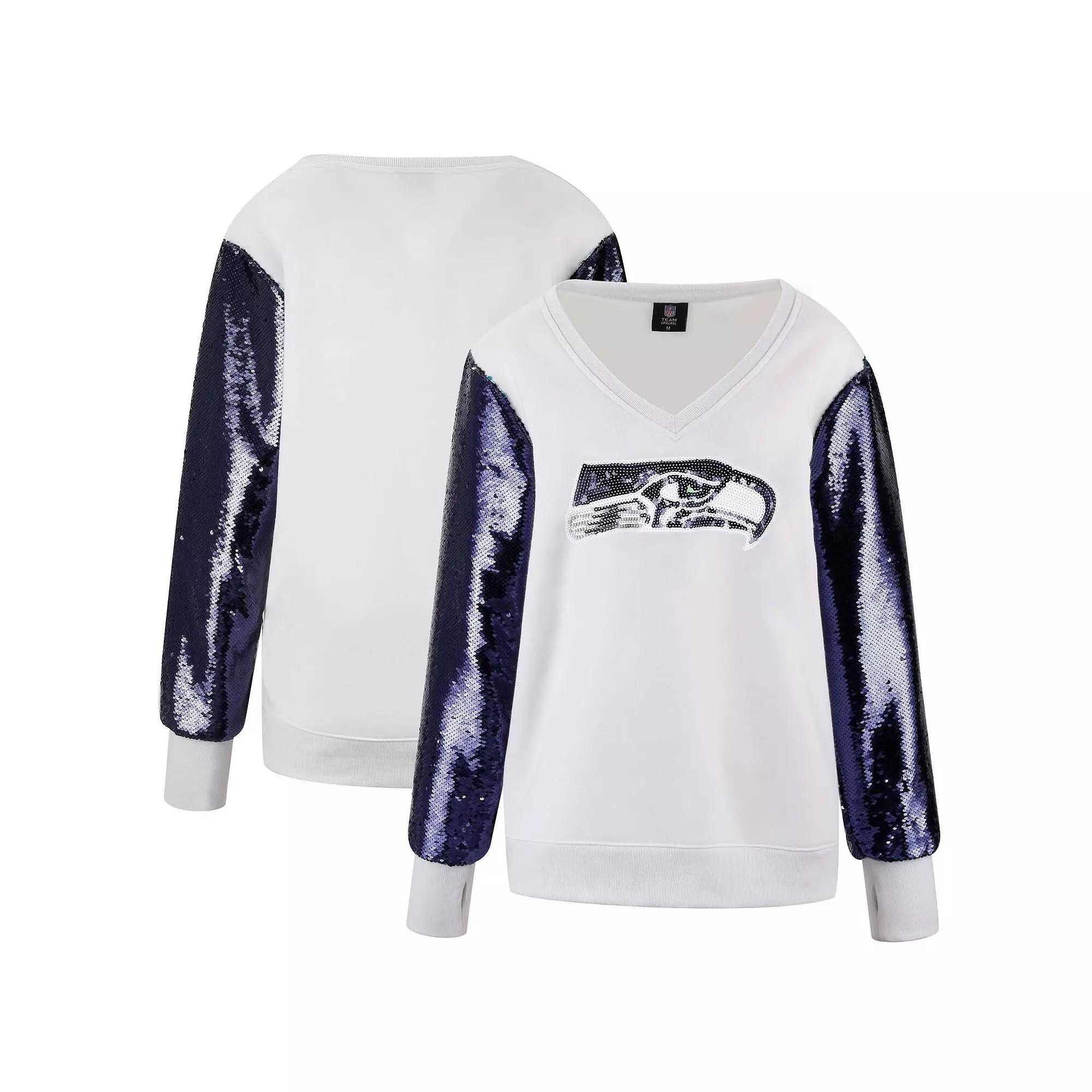 Women's Cuce White Seattle Seahawks Sequin Sleeve V-Neck Pullover Sweatshirt, Size: Large Product Image