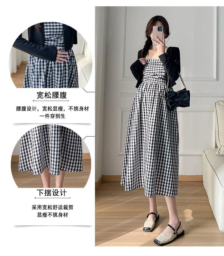 Maternity Strapless Plaid Midi A-Line Dress / Plain Cardigan / Set Product Image