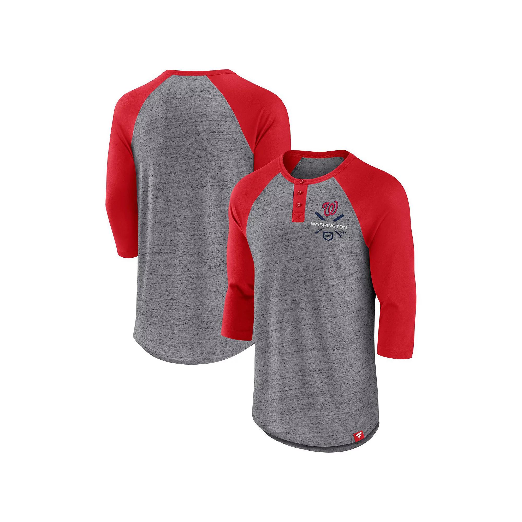 Men's Fanatics Branded Heathered Gray/Red Washington Nationals Iconic Above Heat Speckled Raglan Henley 3/4 Sleeve T-Shirt, Size: 2XL, Grey Product Image
