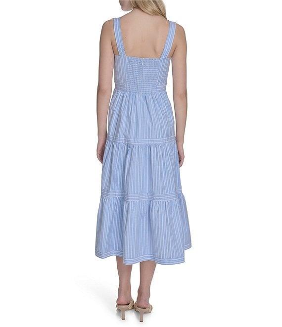 Eliza J Basketweave Cotton Stripe Print Square Neck Sleeveless A-Line Midi Dress Product Image