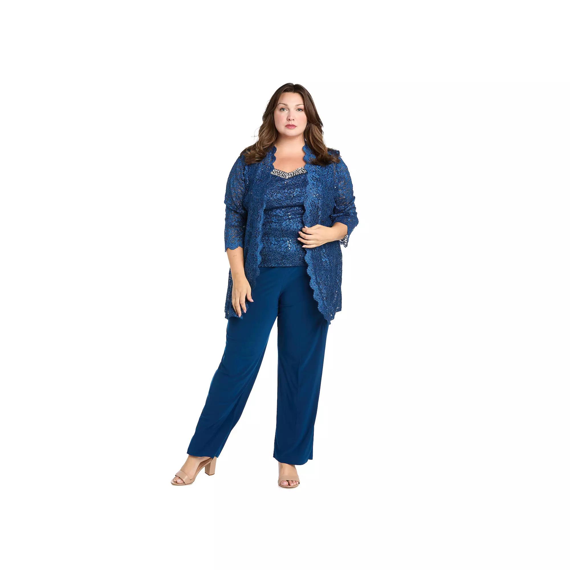 Plus Size R&M Richards 3-pc. Scallop Lace Duster, Beaded Neck Tank Top & Pants Set, Women's, Size: 20 W, Peacock Product Image