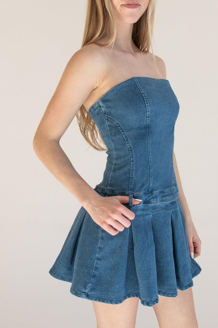 Strapless Denim Pleated Mini Dress Product Image