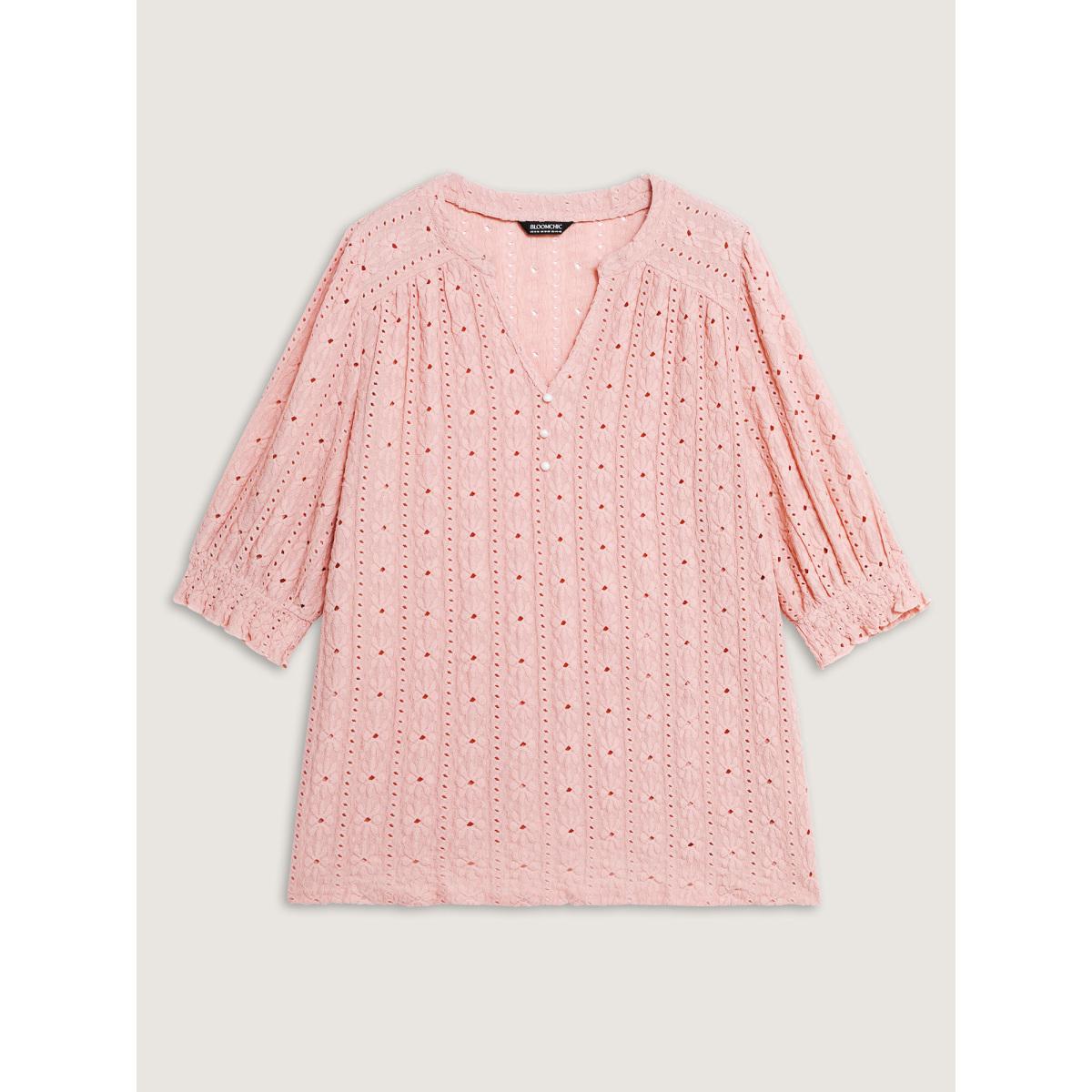 Plus Size Texture Shirred Sleeve Cut Out T-Shirt MistyRose Women Leisure Texture Flat collar with V-notch Casual T-shirts BloomChic 12/L Product Image