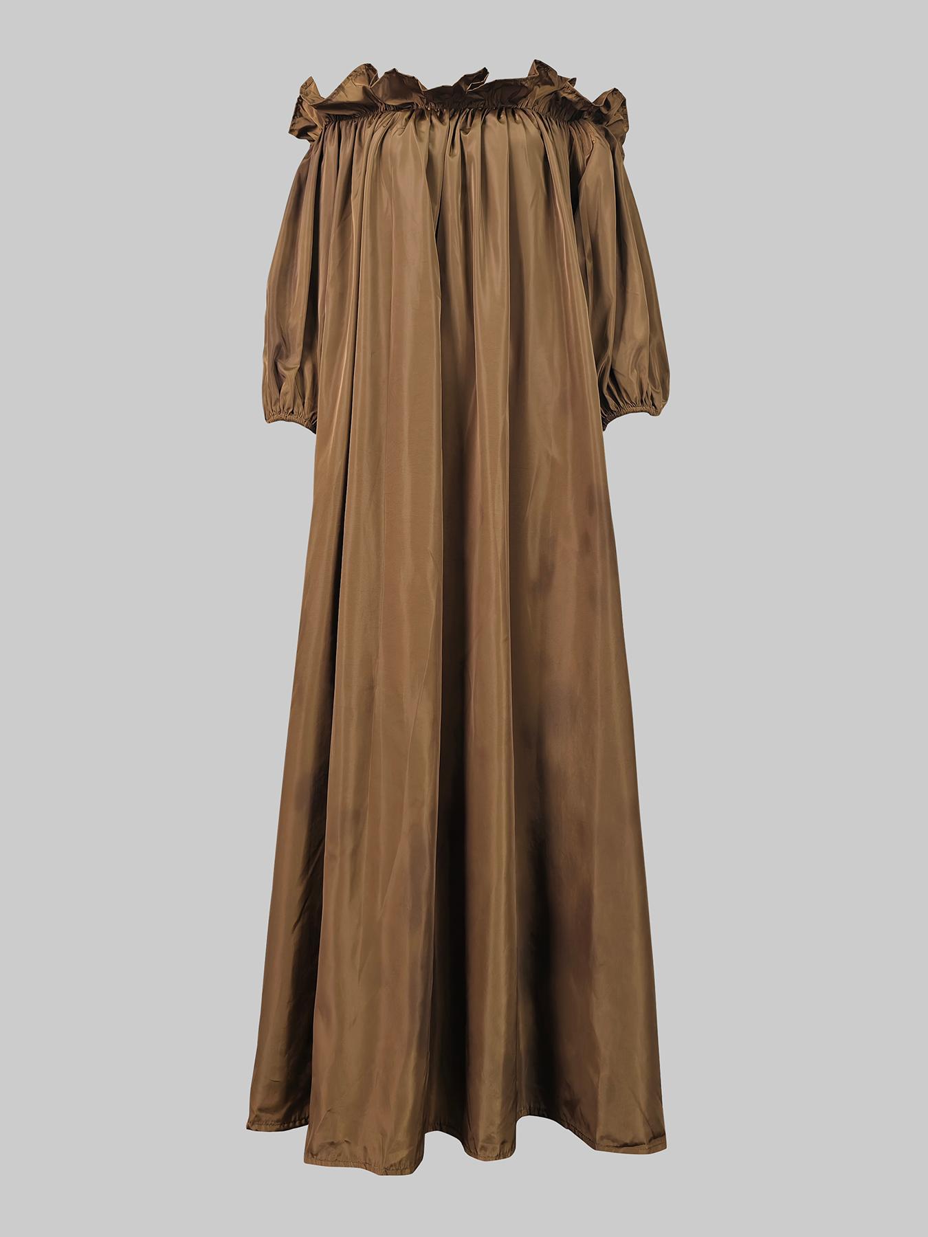 Loose Puff Sleeves Falbala Pleated Solid Color Off-The-Shoulder Maxi Dresses Product Image