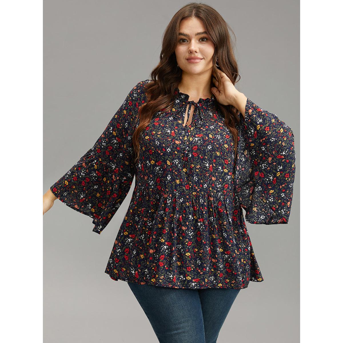 Plus Size Indigo Floral Tie Neck Frill Trim Bell Sleeve Blouse Women Elegant Long Sleeve Tie Neck Dailywear Blouses BloomChic 26/4X Product Image