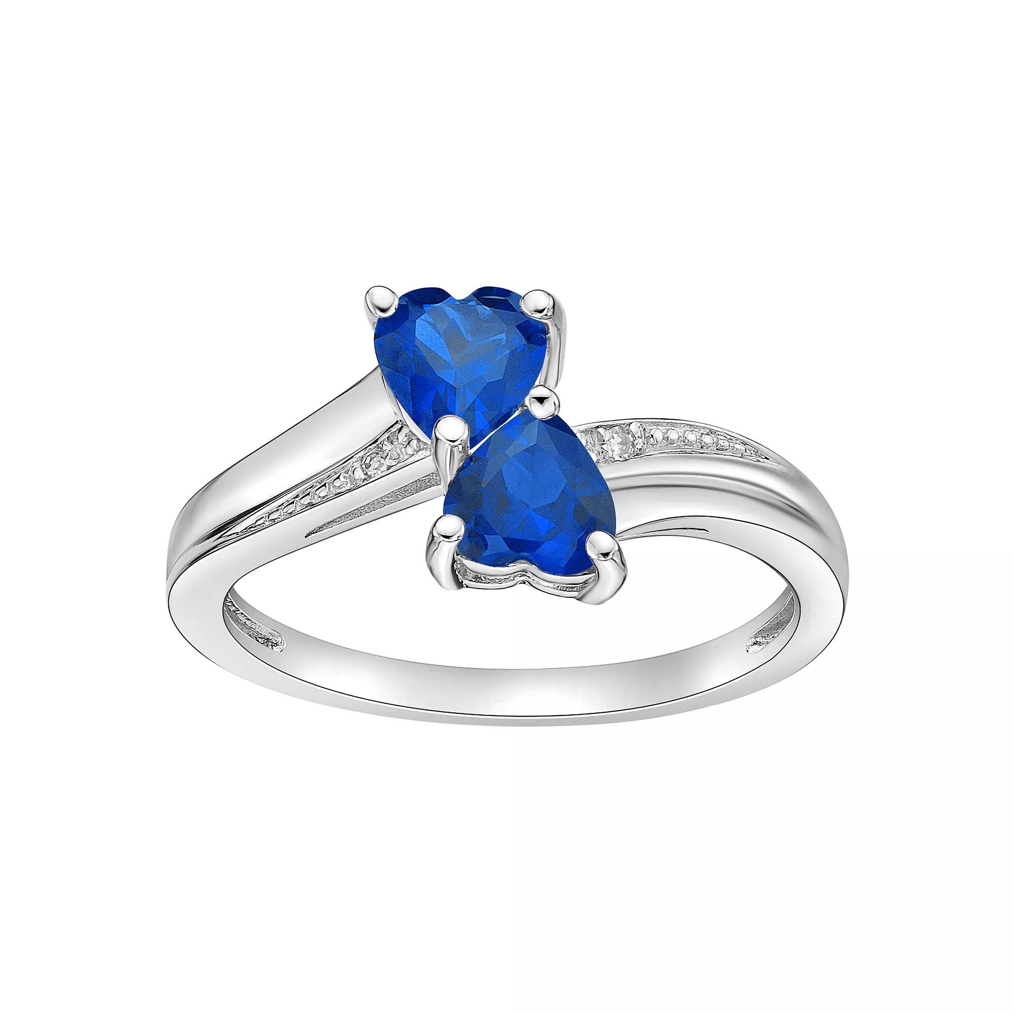 Gemminded Sterling Silver Gemstone & Diamond Accent Double Heart Bypass Ring, Womens Created Aquamarine Product Image