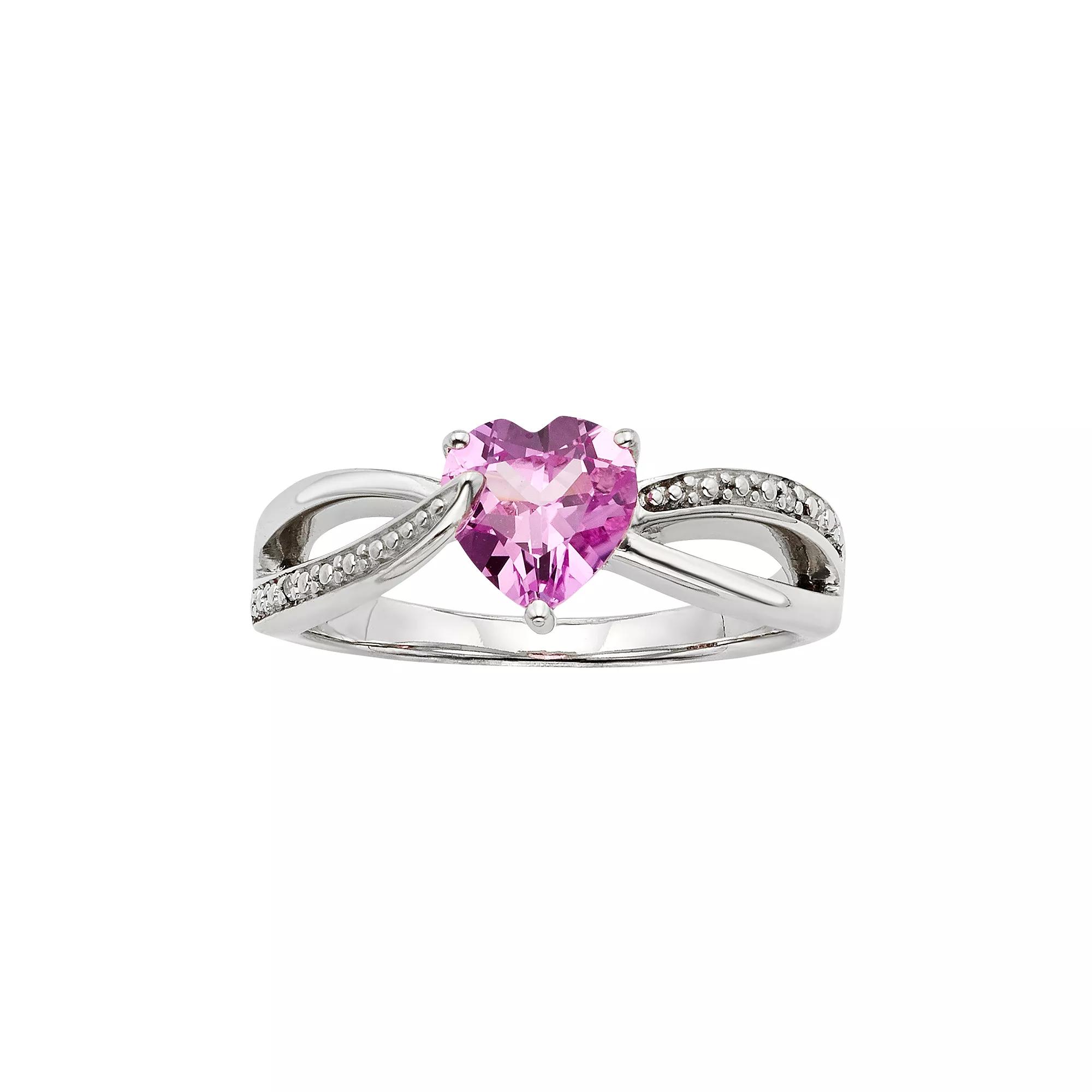 Lab-Created Pink Sapphire and Diamond Accent Sterling Silver Heart Bypass Ring, Women's, Size: 7 Product Image
