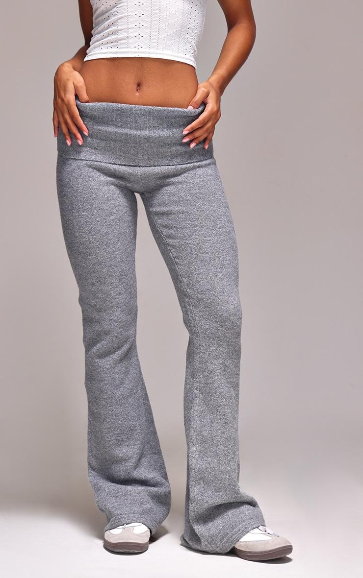 Ash Grey Melange Soft Knit Foldover Waist Flared Pants Product Image