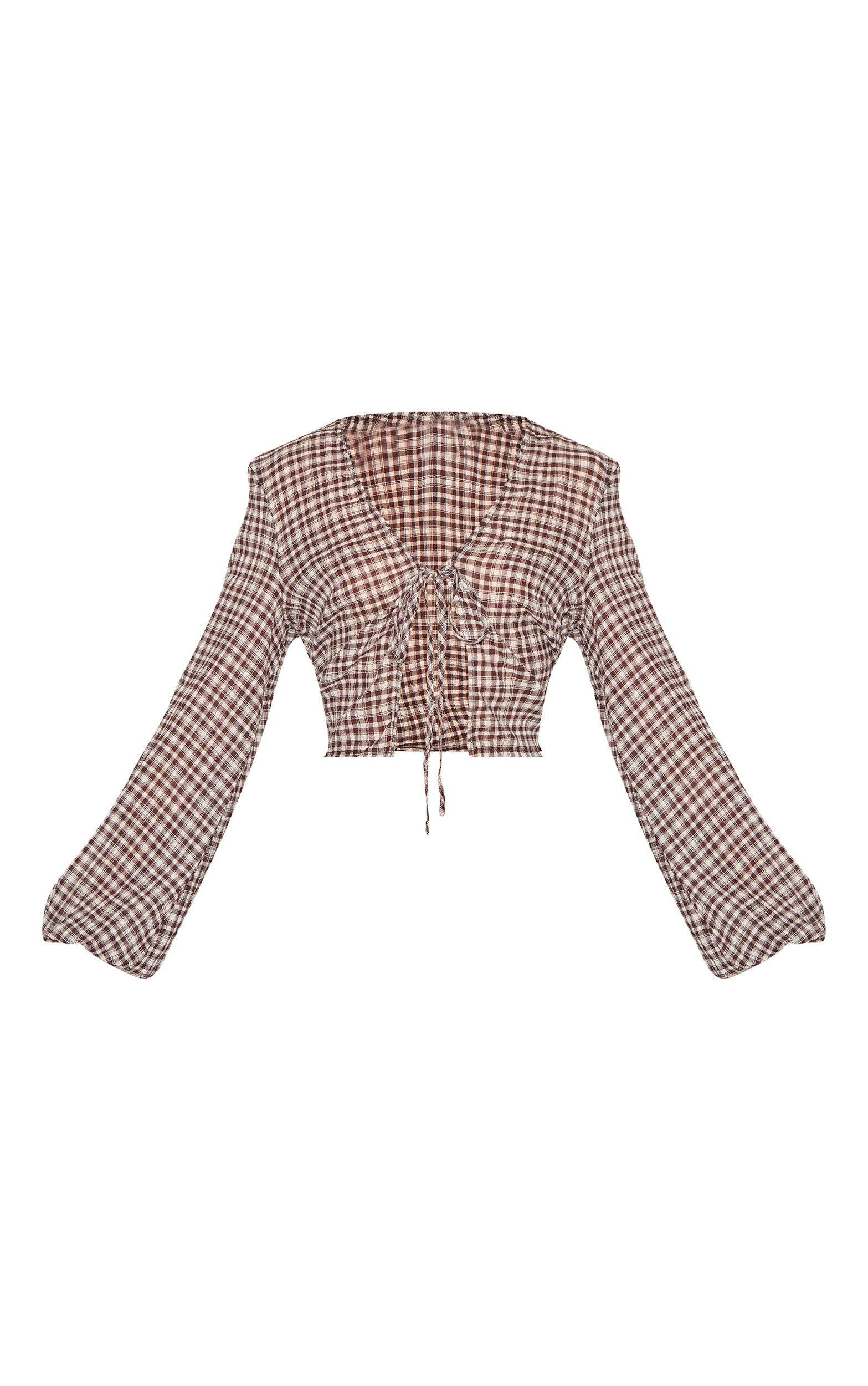 Brown Tie Front Gingham Blouse Product Image