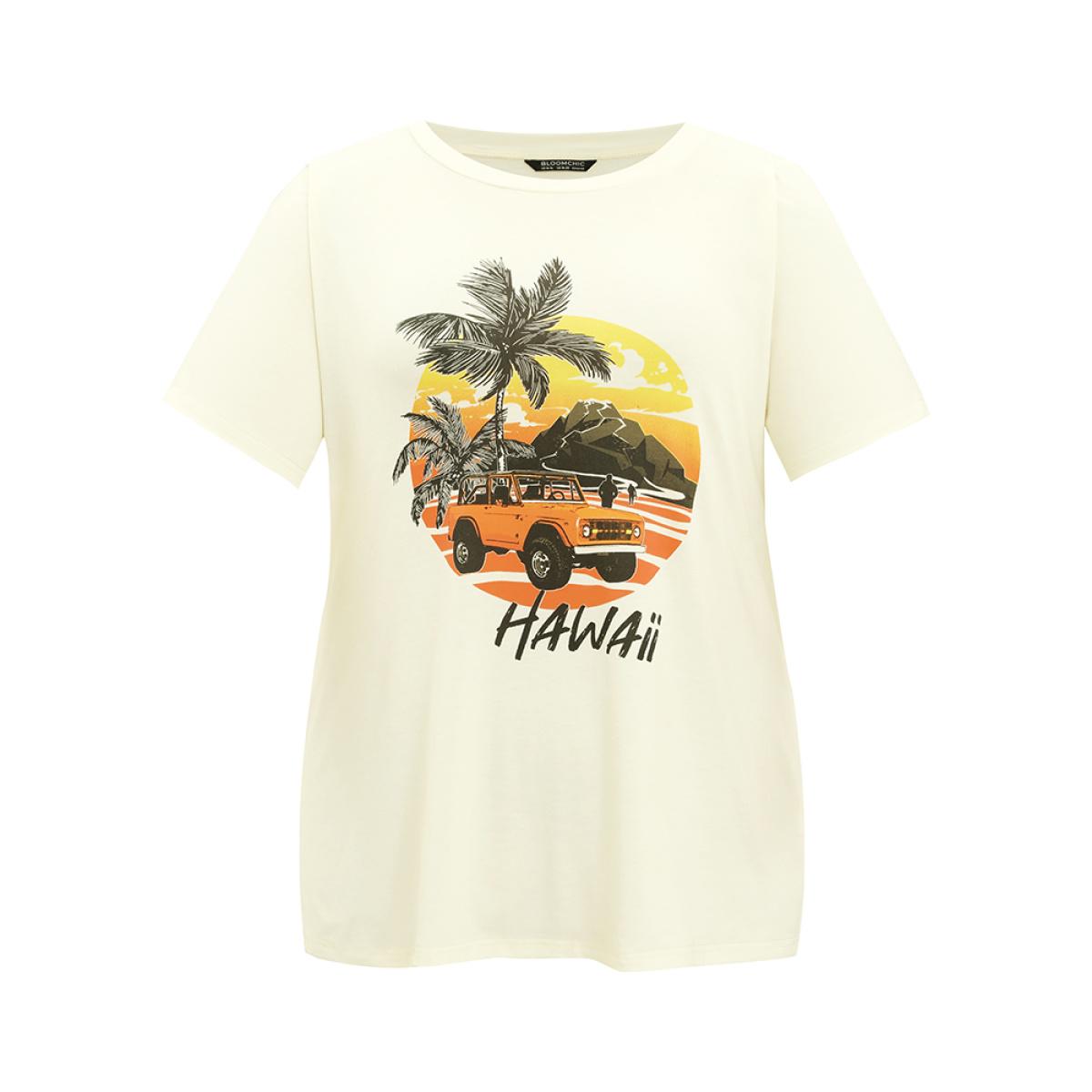 Plus Size Coconut Tree & Car Print Crew Neck T-shirt Beige Women Casual Tropical Dailywear T-shirts BloomChic 12/L Product Image