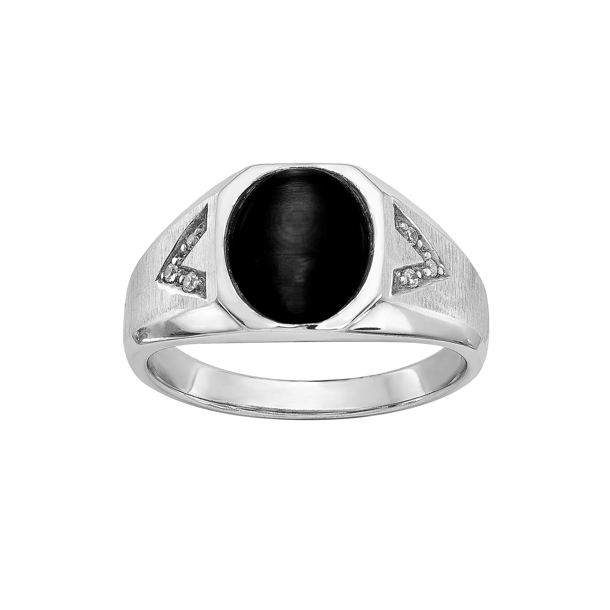 Mens Sterling Silver Onyx & Diamond Accent Cabochon Ring Product Image