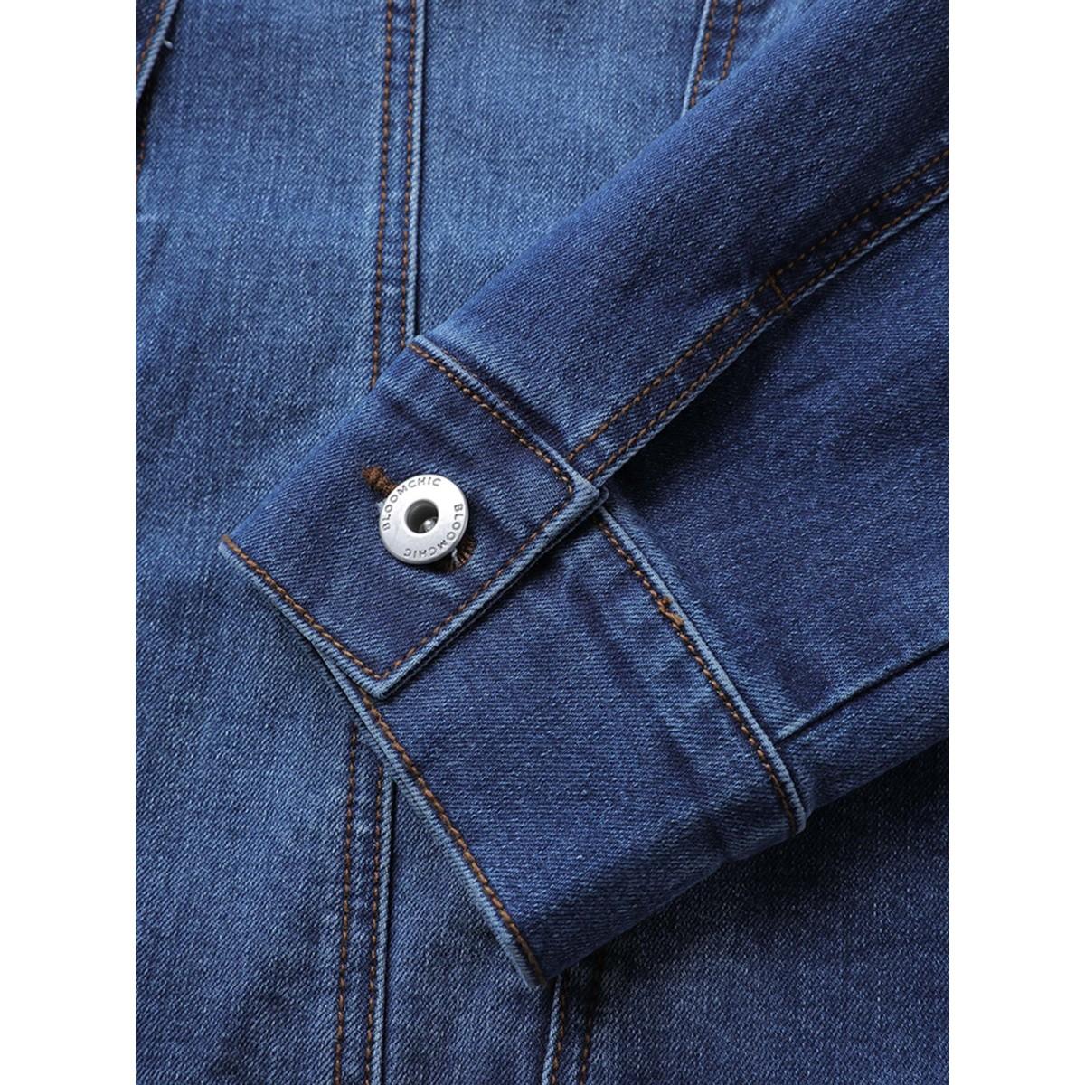 Women Seamed Chest Pockets Button Denim Jacket Midblue Plus Size Pocket Casual Side seam pocket Leisure Denim Jackets BloomChic 18-20/2X Product Image