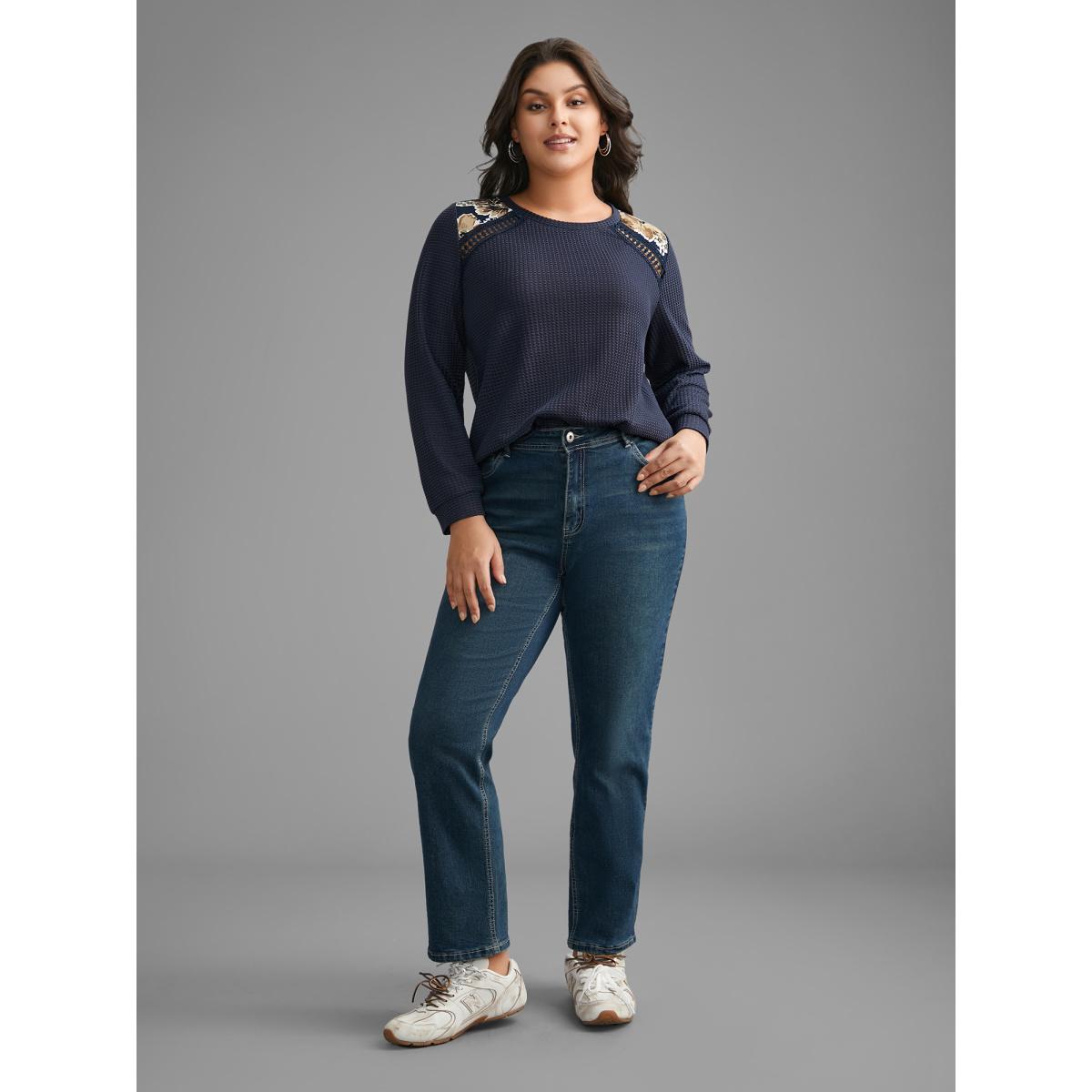 Plus Size Natural Flowers Patchwork Woven Ribbon T-shirt Indigo Women Casual Woven ribbon&lace trim Round Neck Everyday T-shirts BloomChic 10/M Product Image