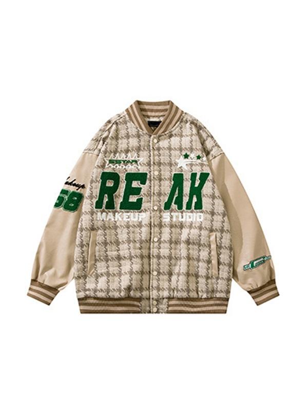 Letter Embroidery Plaid Splice Varsity Jacket Product Image