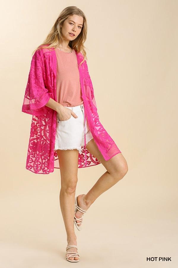 1136   ReeAnn Floral Lace Kimono w/ Waist Tie - Reg & Plus Product Image