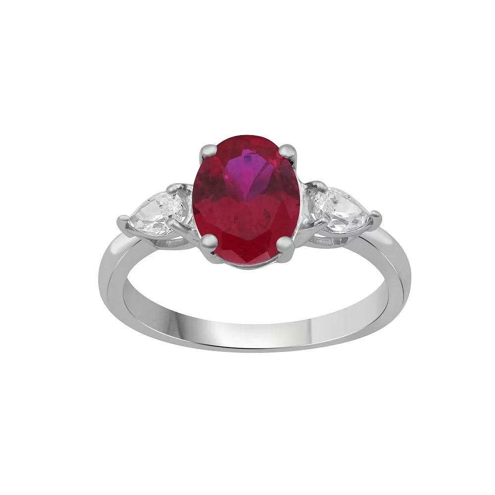 Jewelexcess Sterling Silver Lab-Created Gemstone & Lab-Created White Sapphire 3-Stone Ring, Women's, Size: 7, Created Red Product Image