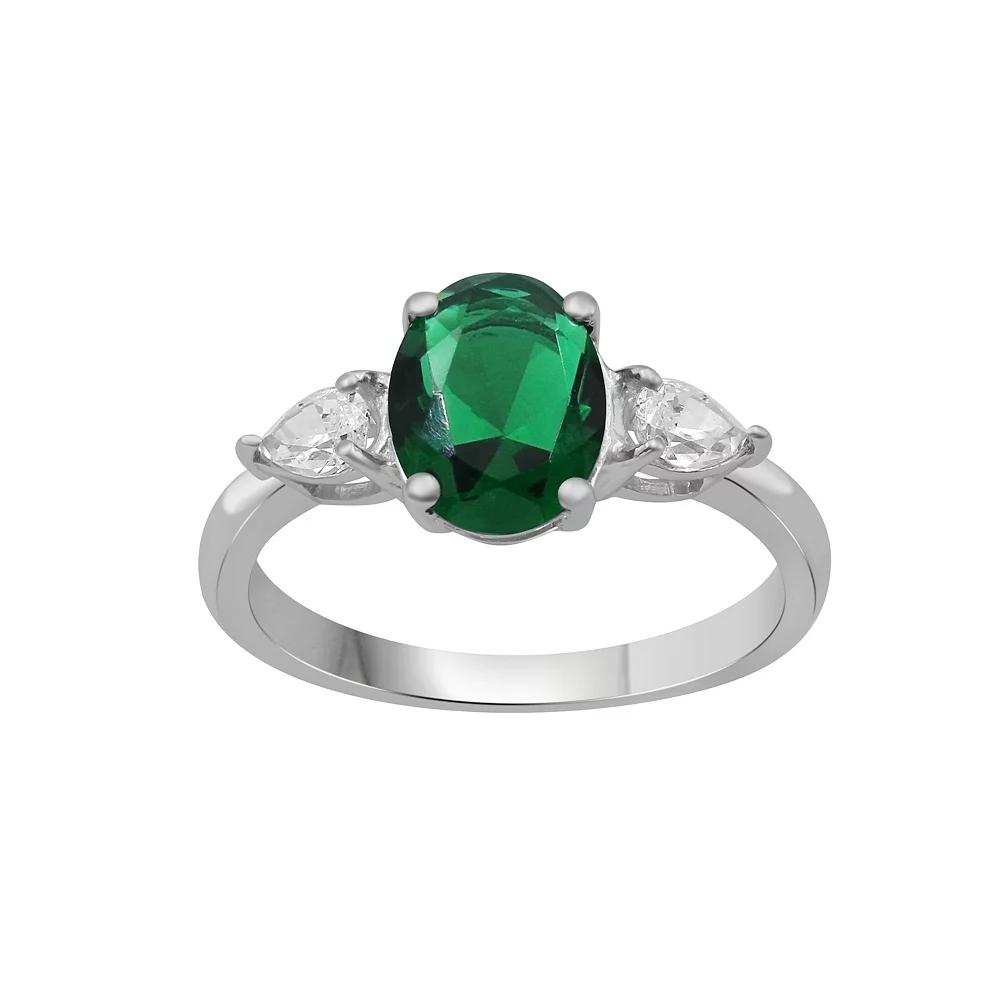 Jewelexcess Sterling Silver Lab-Created Gemstone & Lab-Created White Sapphire 3-Stone Ring, Women's, Size: 7, Created Green Product Image