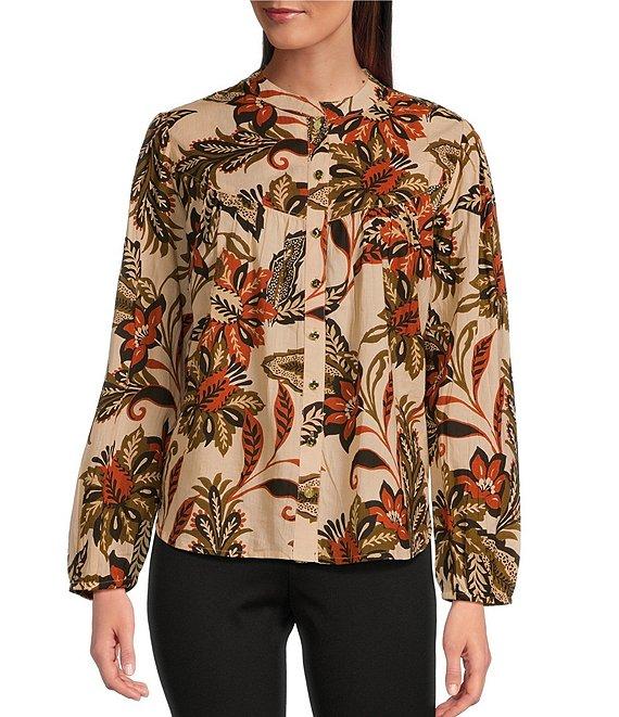 Jude Connally Lorraine Falling Floral Print Cotton Voile Banded Round Neck Long Sleeve Button Front Shirt Product Image