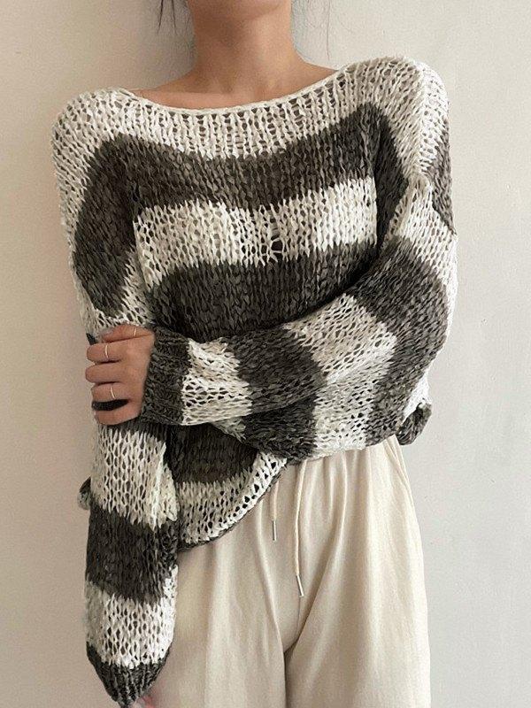 Long Sleeve Striped Crochet Knit Top Product Image