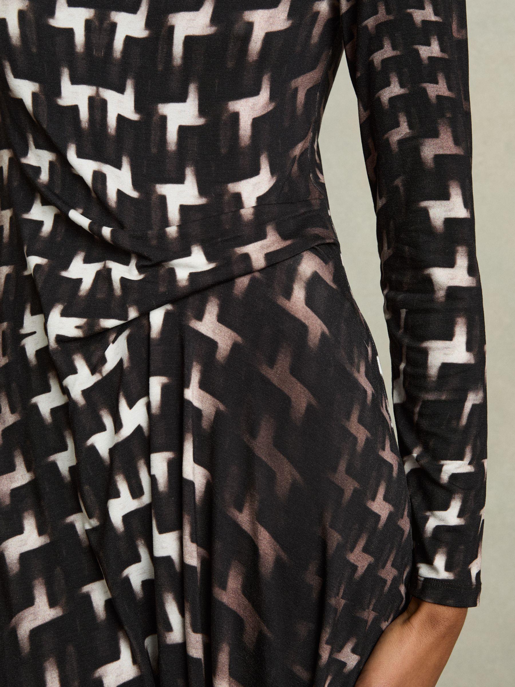 Houndstooth-Print Ruched Midi Dress in Black Product Image