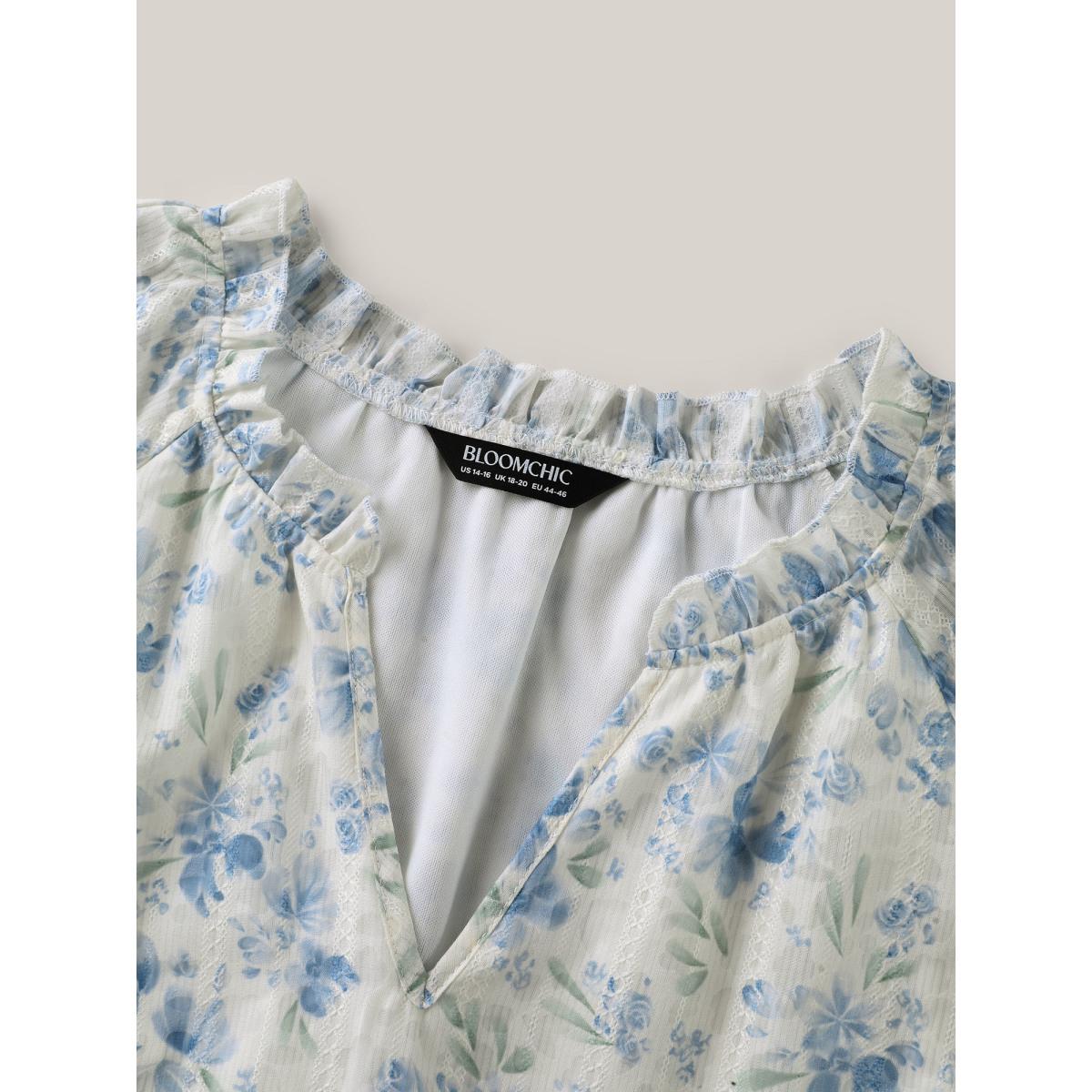 Plus Size Multicolor Floral Print Embroidered Petal Trim Blouse Women Short sleeve Notched collar Everyday-Elegant Blouses BloomChic 22-24/3X Product Image