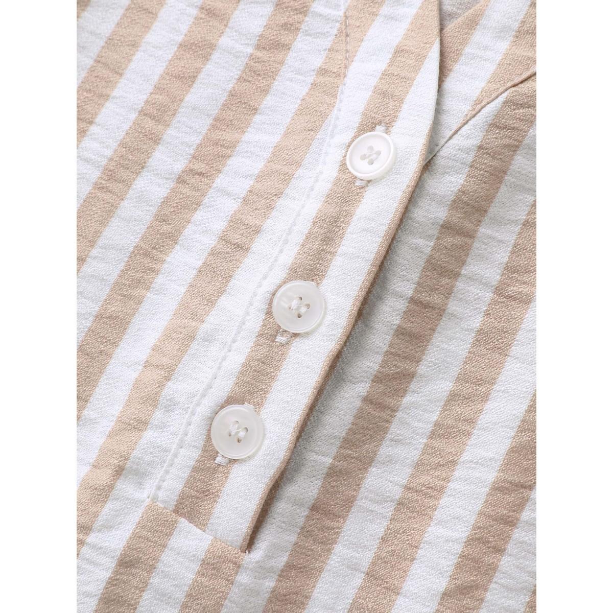 Plus Size Apricot Stripe Print Tab Sleeve Notched Collar Blouse Women Elbow-length sleeve Notched collar Work Blouses BloomChic 28/5X Product Image