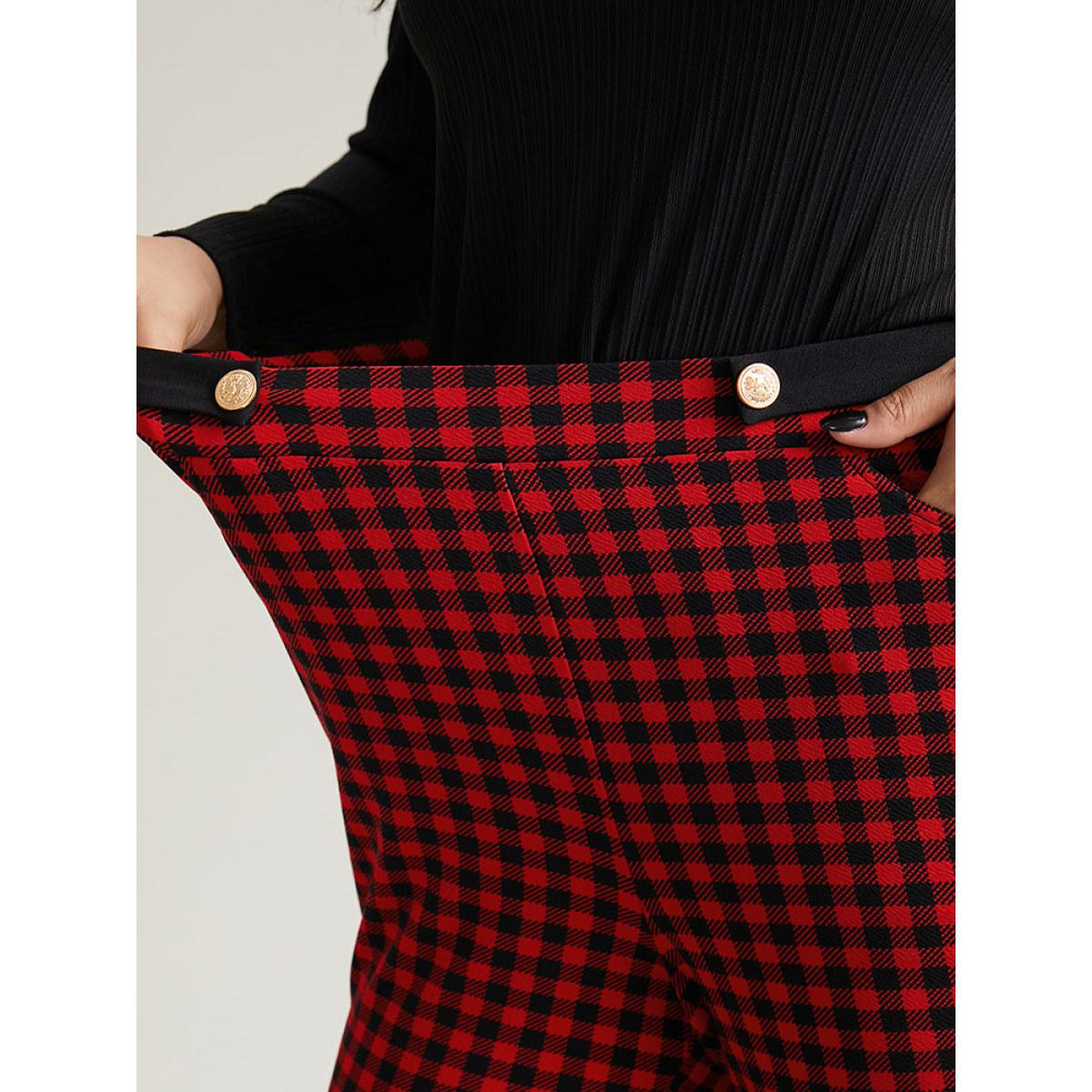 Plus Size Gingham Bootcut Split Hem Metal Detail Pants Women Raspberry Elegant Flare Leg High Rise Festival-Christmas Pants BloomChic 30/6X Product Image
