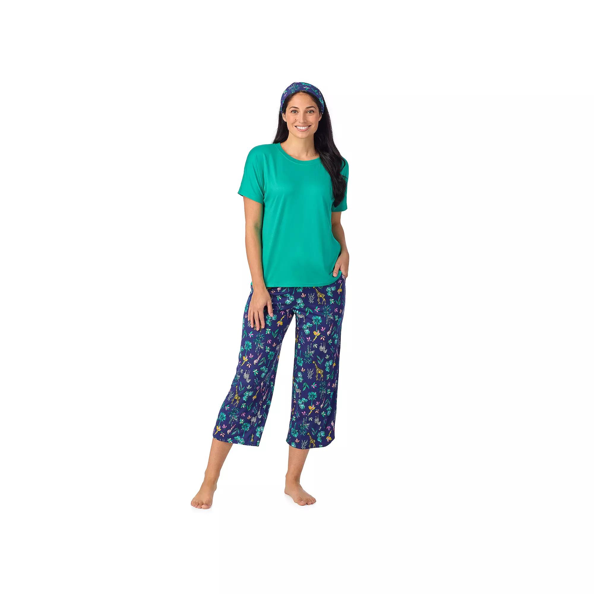Women's Cuddl Duds® 2-pc. Pajama Crewneck Top & Pajama Capri Pants Set with Matching Headband, Size: XS, Blue Jungle Product Image