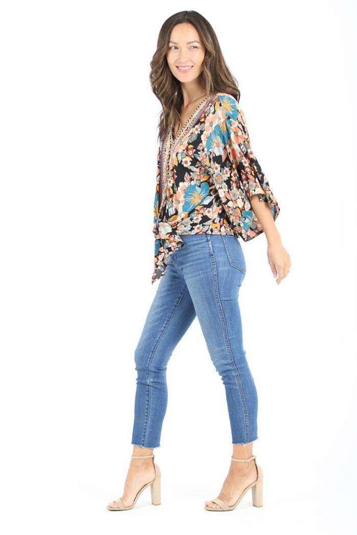 V Neck Tie Waist Kimono Sleeve Blouse Product Image