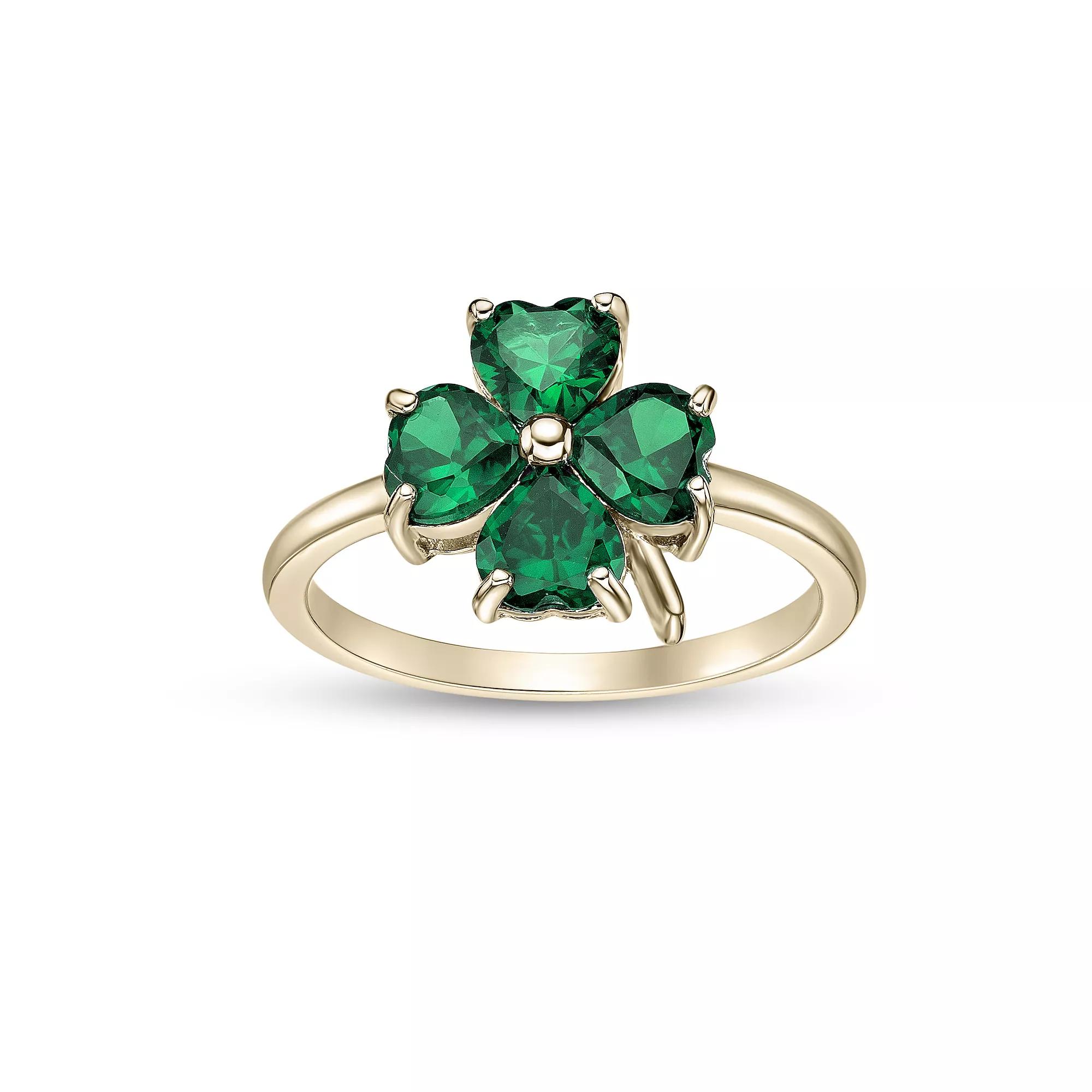Gemminded 18k Gold Over Silver Lab-Created Emerald Clover Ring, Women's, Gold Tone Product Image