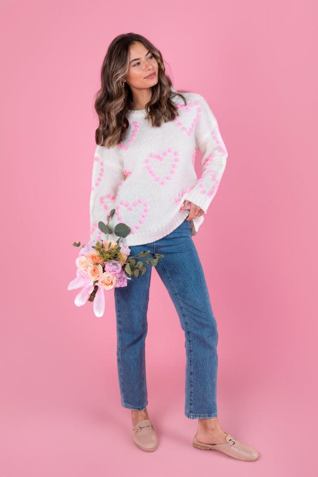 Adore You Ivory and Pink Oversized Heart Pom Sweater FINAL SALE Product Image