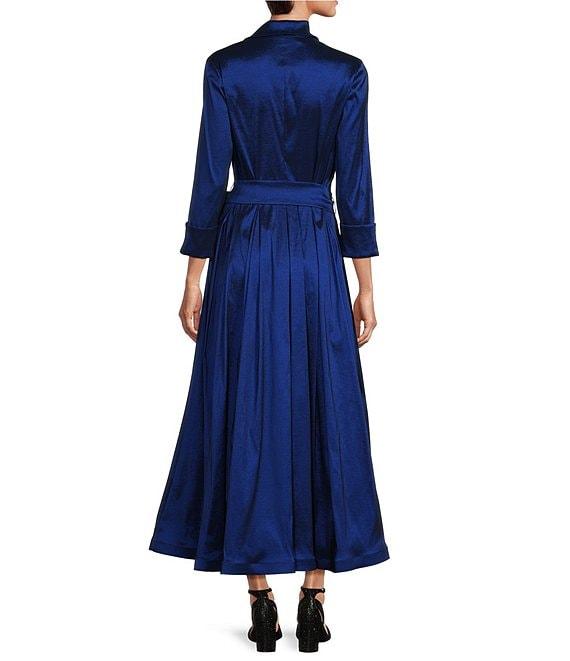Marina 3/4 Sleeve Point Collar Neck Tie Waist Taffeta Midi A-Line Dress Product Image