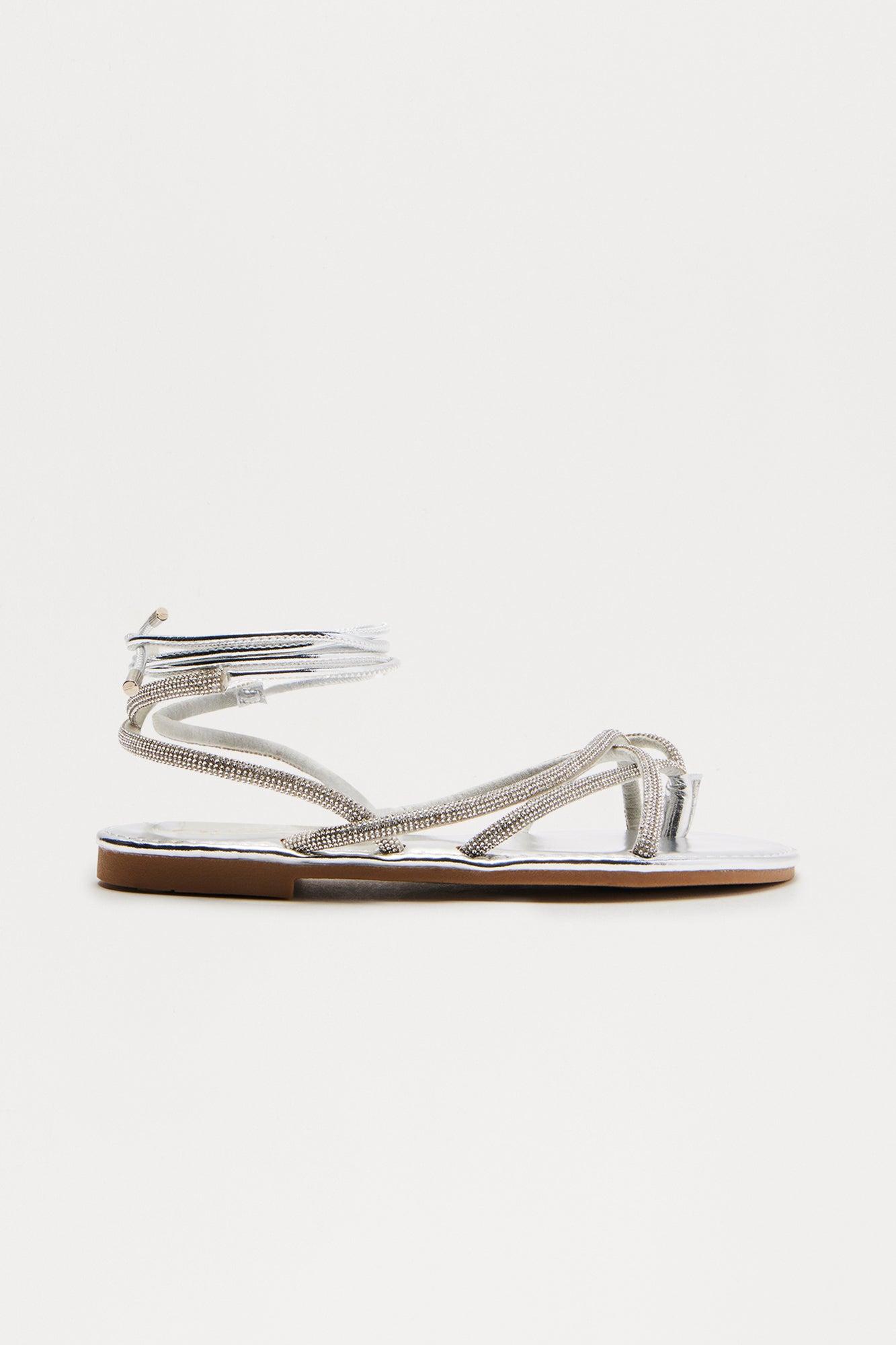 Sidney Rhinestone Wrap Up Sandals - Silver Product Image