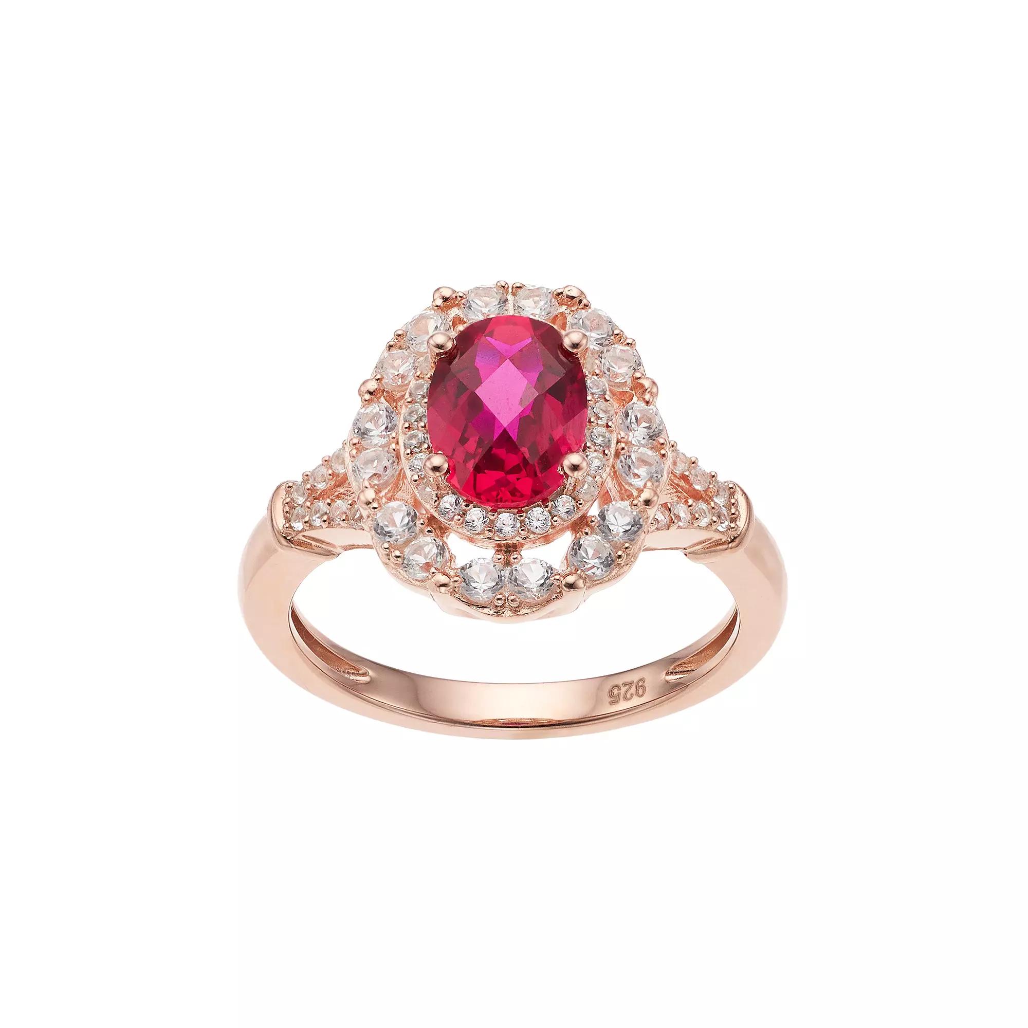 14k Rose Gold Over Silver Lab-Created Ruby & White Sapphire Oval Halo Ring, Women's, Size: 6, Pink Tone Product Image