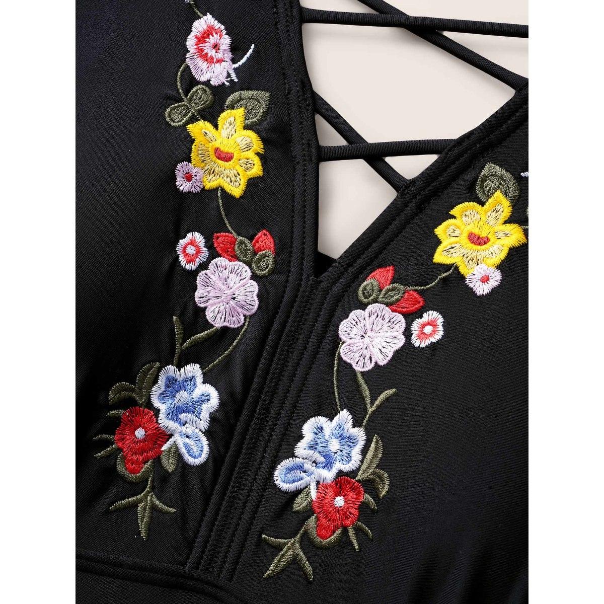 Plus Size Floral Embroidered Ruched Crisscross One Piece Swimsuit Women's Swimwear Black Beach Gathered Curve Bathing Suits High stretch One Pieces BloomChic 14-16/1X Product Image