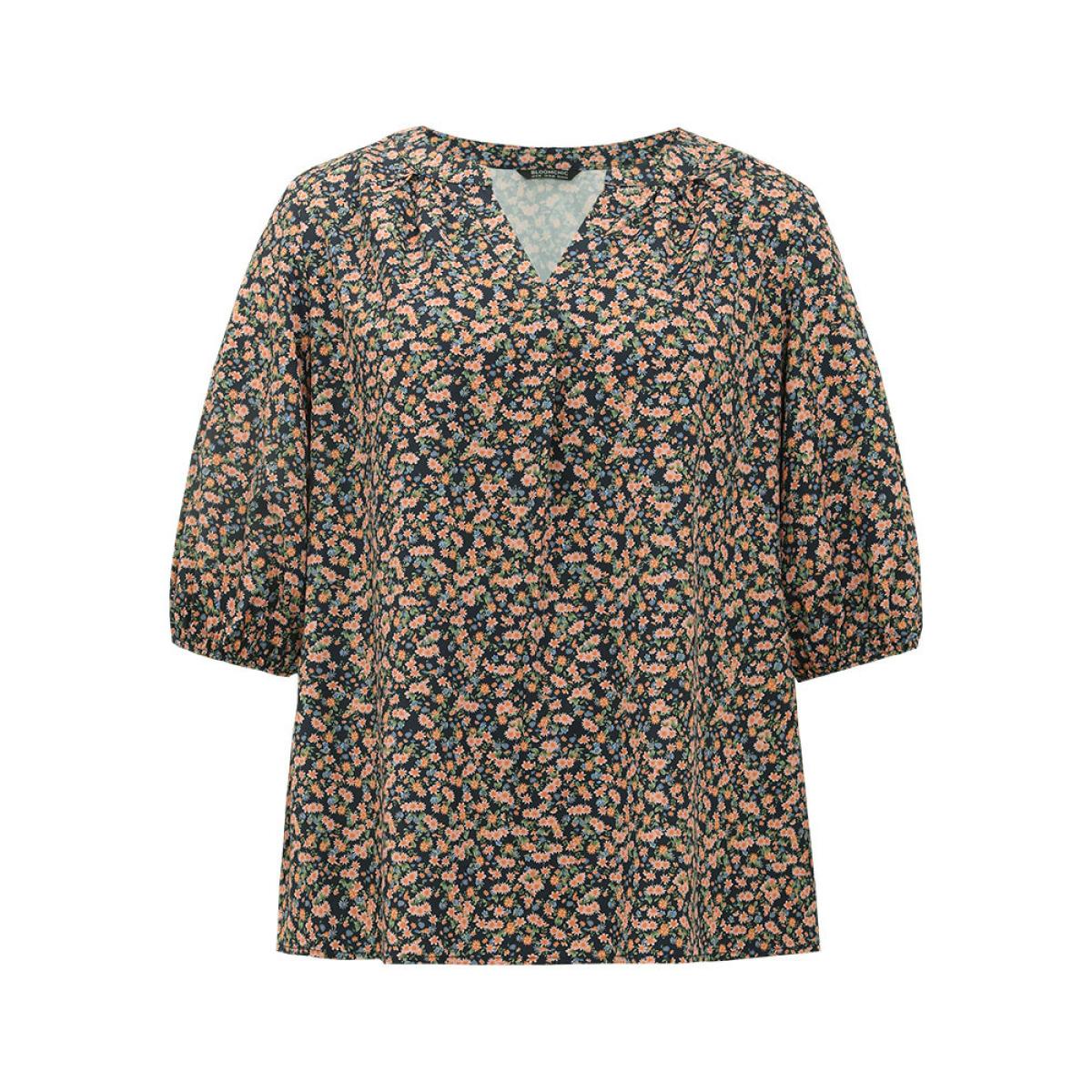 Plus Size Multicolor Ditsy Floral Notched Elastic Cuffs Blouse Women Elegant Elbow-length sleeve V-neck Dailywear Blouses BloomChic 12/L Product Image