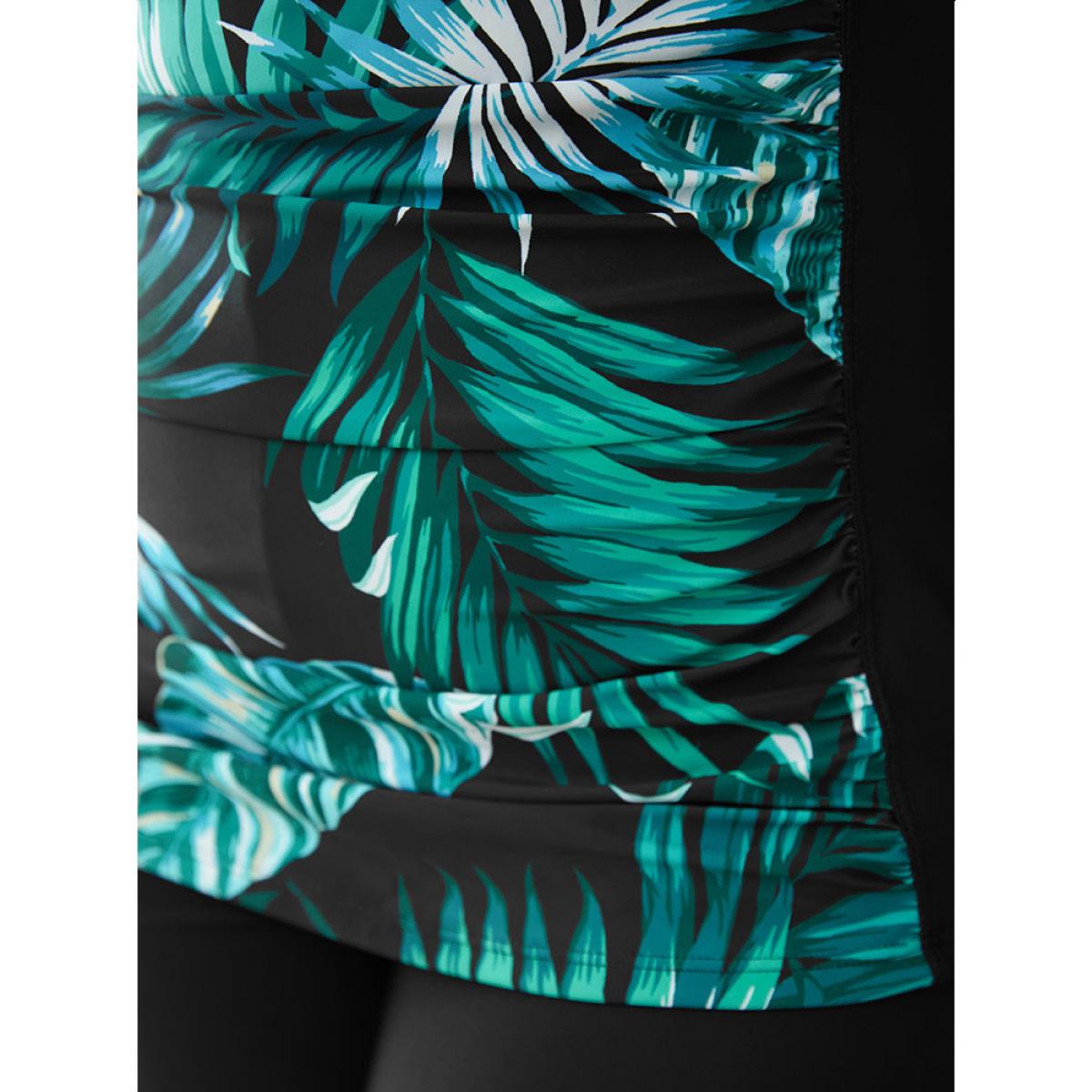 Plus Size Plant Print Crossover Front Ruched Tankini Top Women's Swimwear BlackFlower Vacation Adjustable Straps High stretch Skinny Curve Swim Tops BloomChic 10/M Product Image