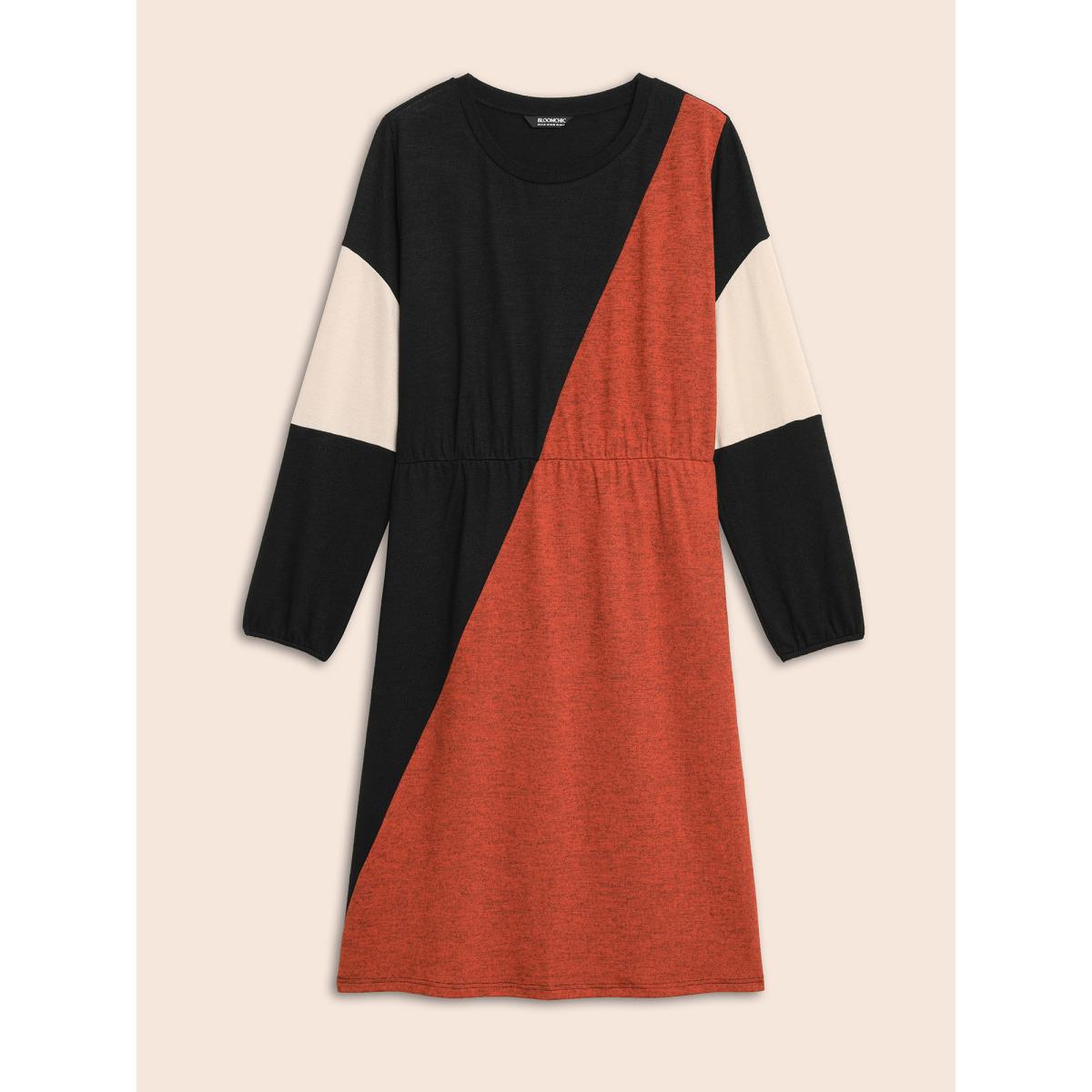 Plus Size Contrast Patchwork Lantern Sleeve Dress Black Women Casual Contrast Round Neck Long Sleeve Curvy BloomChic 30/6X Product Image