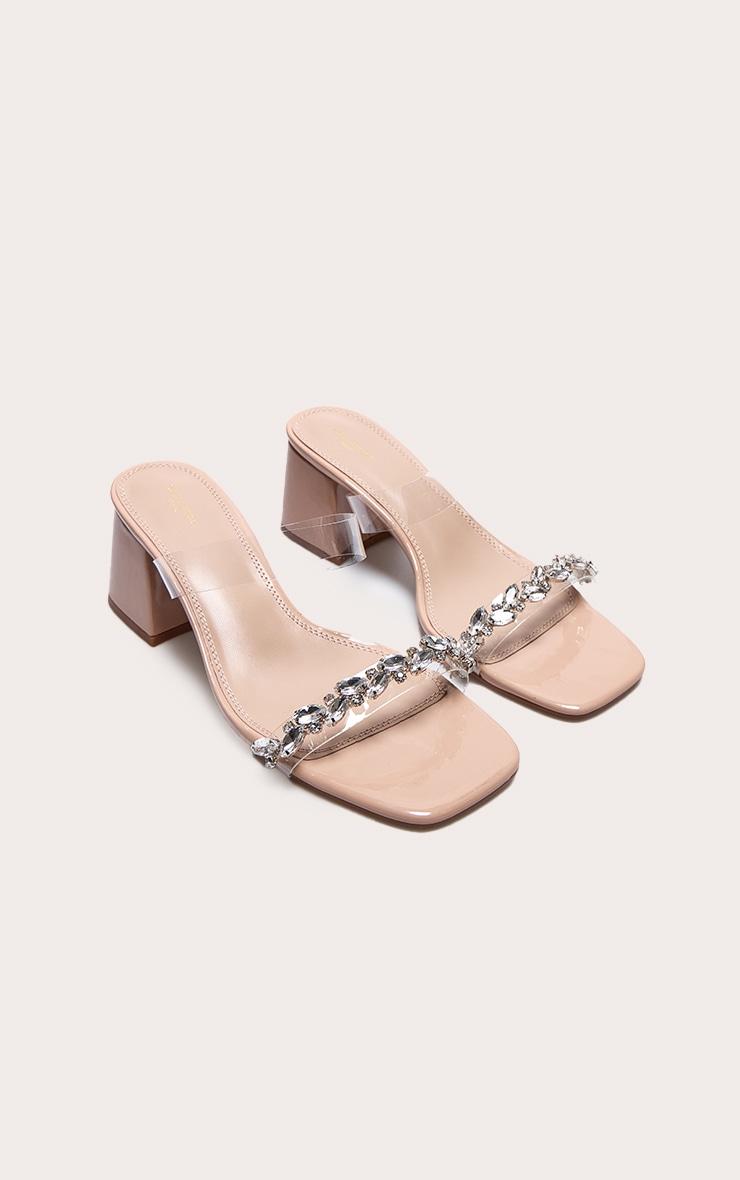 Nude PU Wide Fit Square Toe Jewel Perspex Block Heeled Mules Product Image