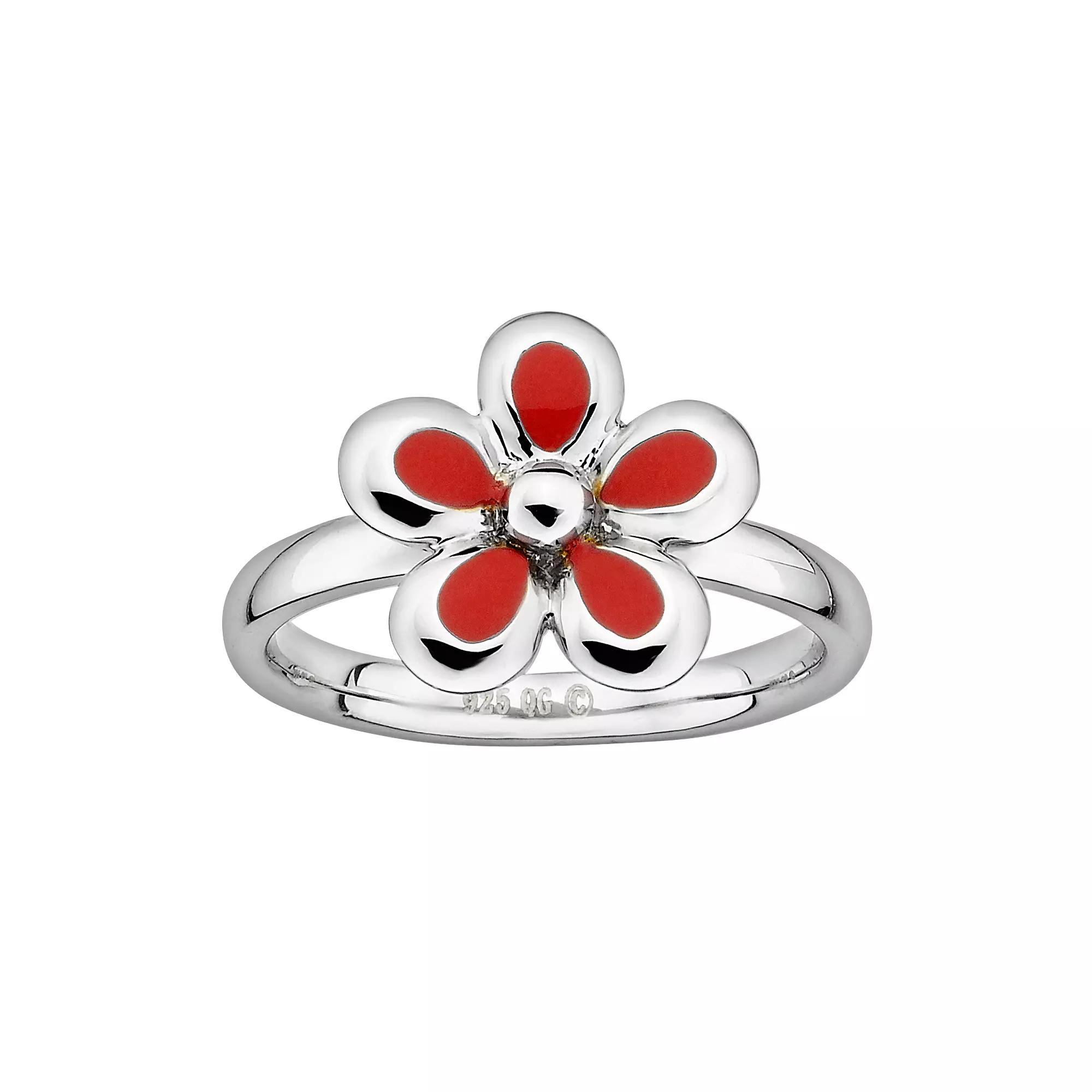 Stacks & Stones Sterling Silver Red Enamel Flower Stack Ring, Women's, Size: 6 Product Image