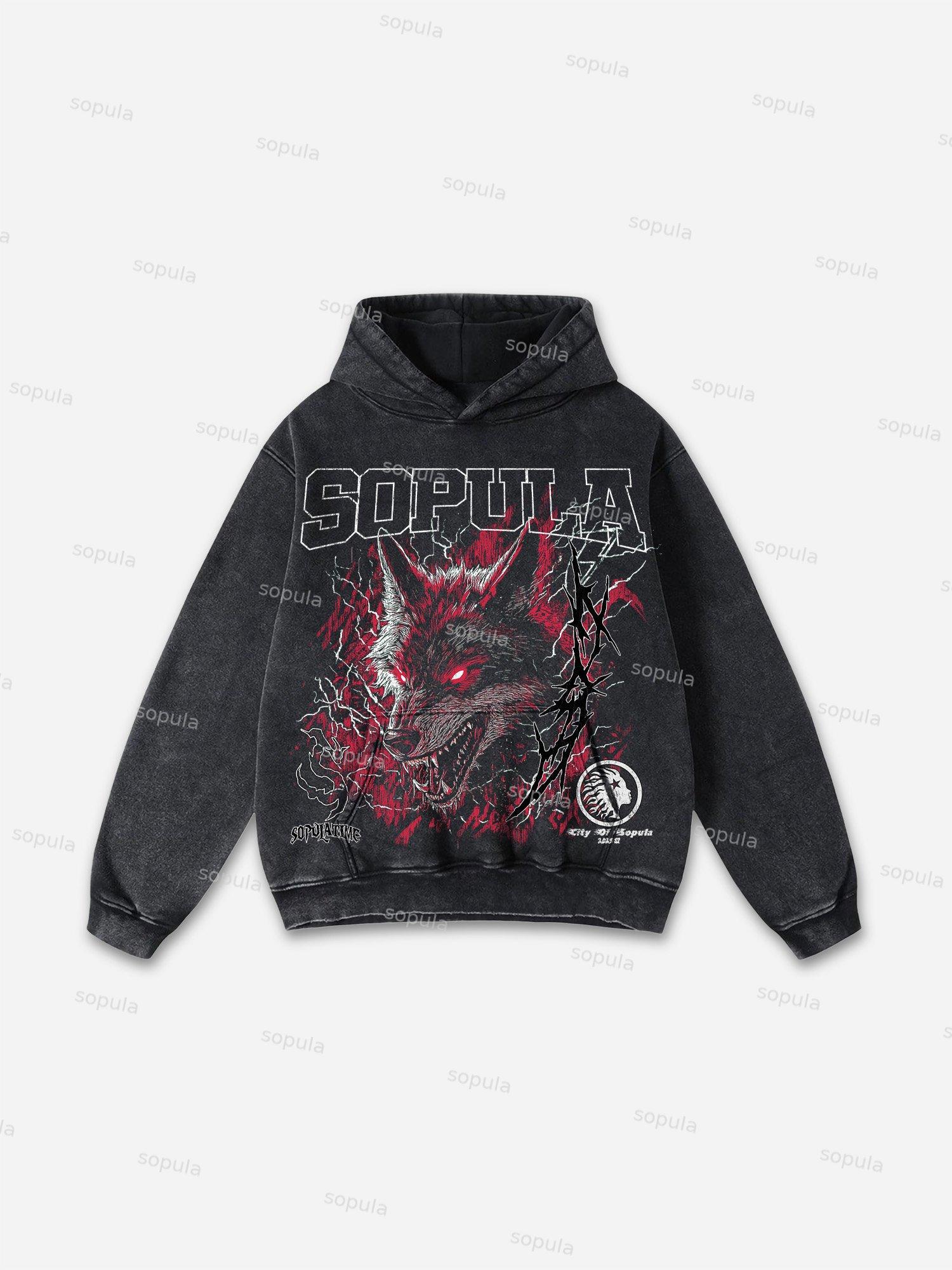Sopula Vintage Street Portrait Graphic Print Washed Hoodie Product Image