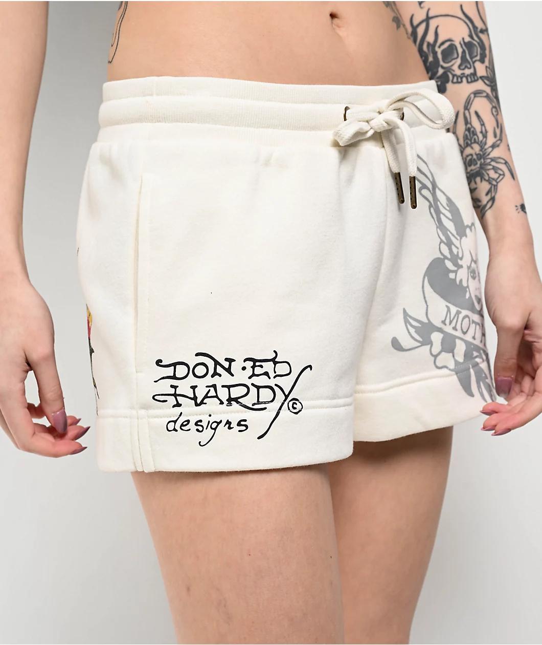 Ed Hardy Sacred Heart Ivory Sweat Shorts Product Image