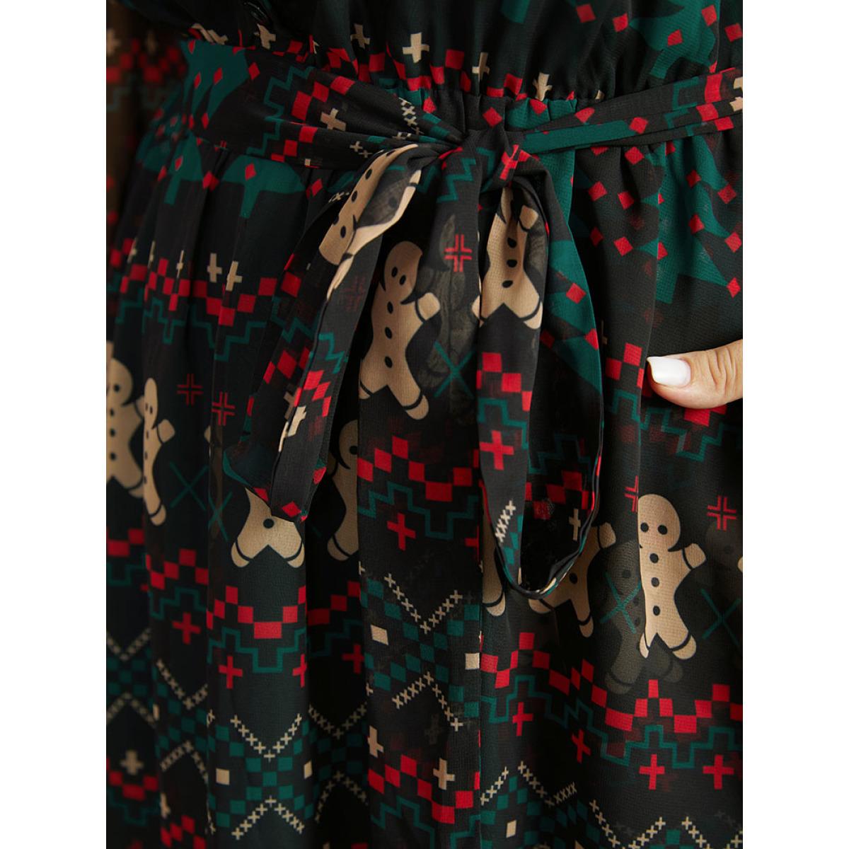 Plus Size Christmas Button Through Belted Mesh Patchwork Dress Cyan Women Office Elastic cuffs Shirt collar Long Sleeve Curvy Midi Dress BloomChic 18-20/2X Product Image