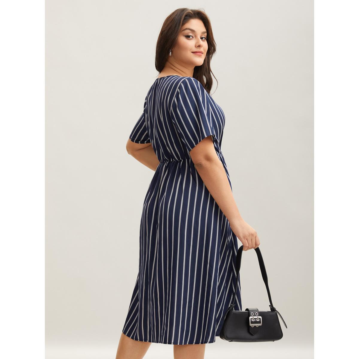 Plus Size Striped Stretchy Waist Defining Pockets Dress Indigo Women Office Pleated Round Neck Short sleeve Curvy BloomChic 18-20/2X Product Image