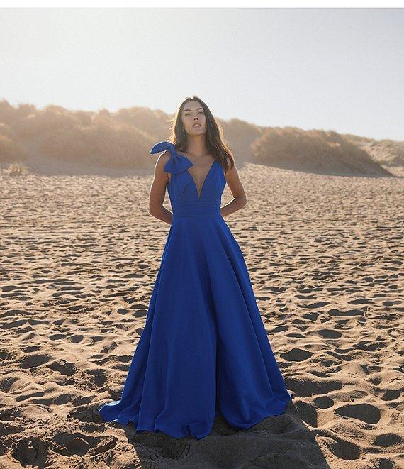 Mac Duggal Deep V-Neck Bow Shoulder Crepe Ballgown Product Image