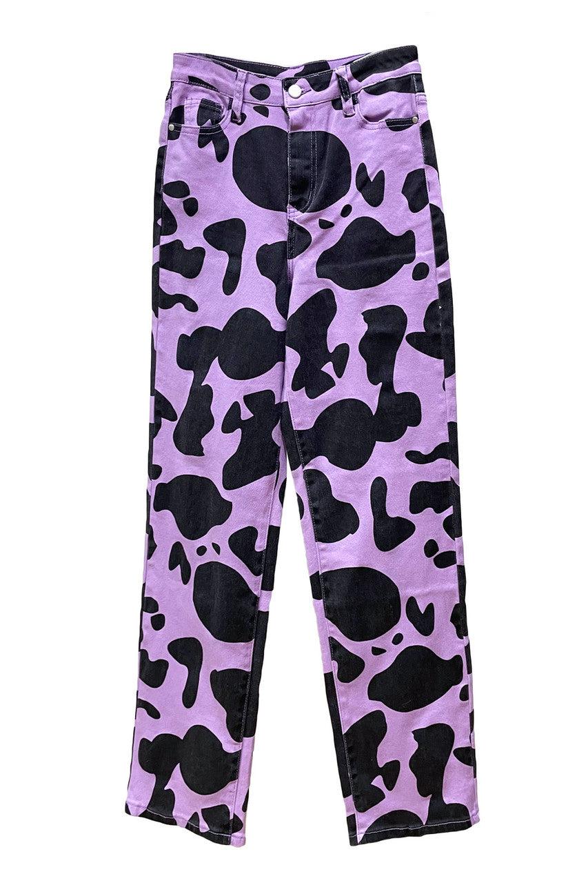 Purple Cow Print Wide Leg Jeans Product Image